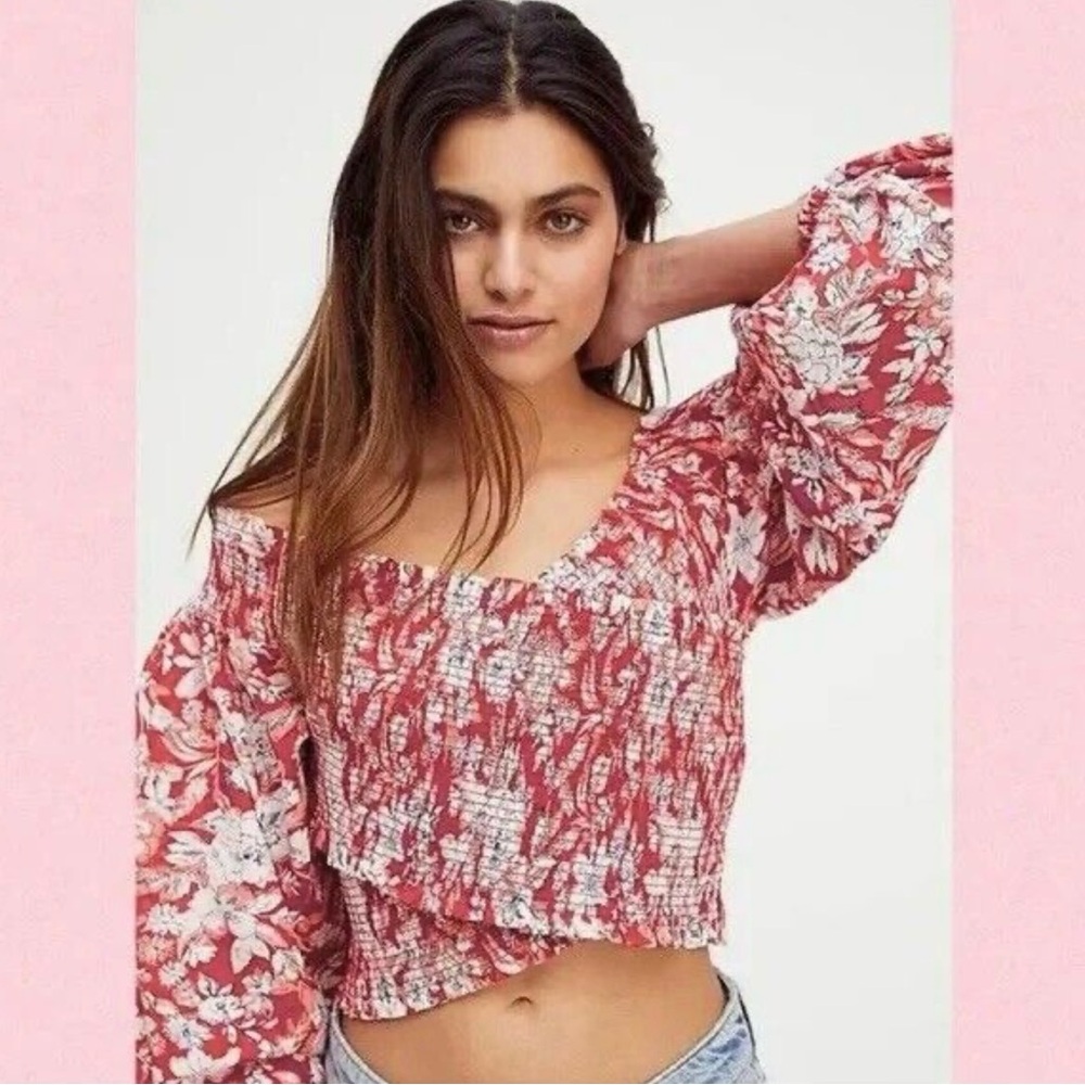 Free People East to West Smocked Crop Top, Size S, Color Red/White/Orange